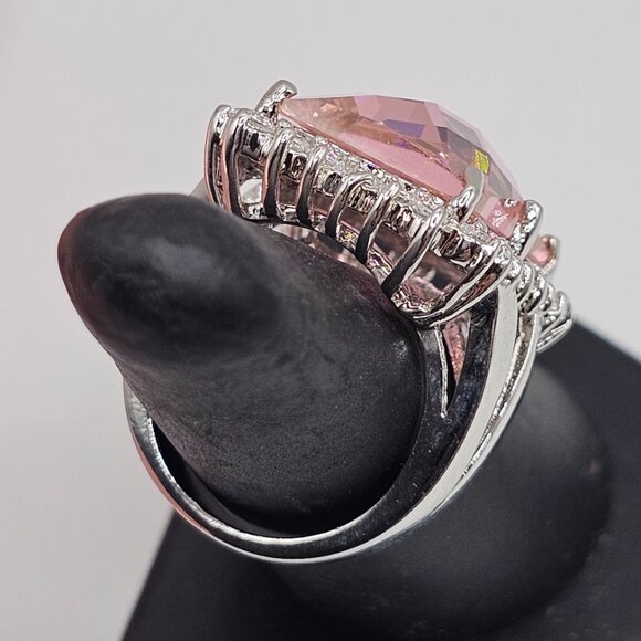 Sterling Silver 925 Rhodium Plated Large Pink CZ Cocktail Ring - Picture 4 of 12